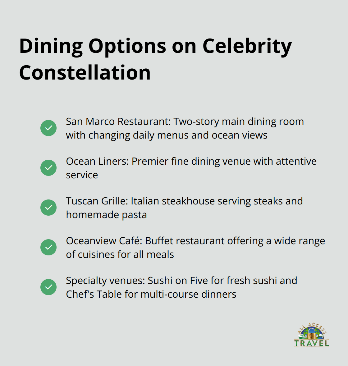 A checkmark list showing various dining options available on Celebrity Constellation, including San Marco Restaurant, Ocean Liners, Tuscan Grille, Oceanview Café, and specialty venues. - celebrity cruises constellation ship reviews