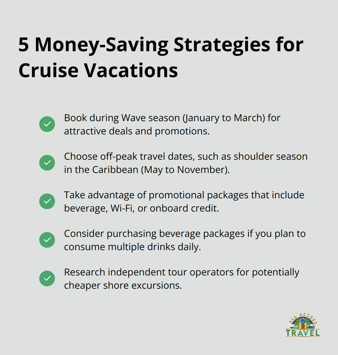 Checkmark list of five strategies to save money on cruise vacations